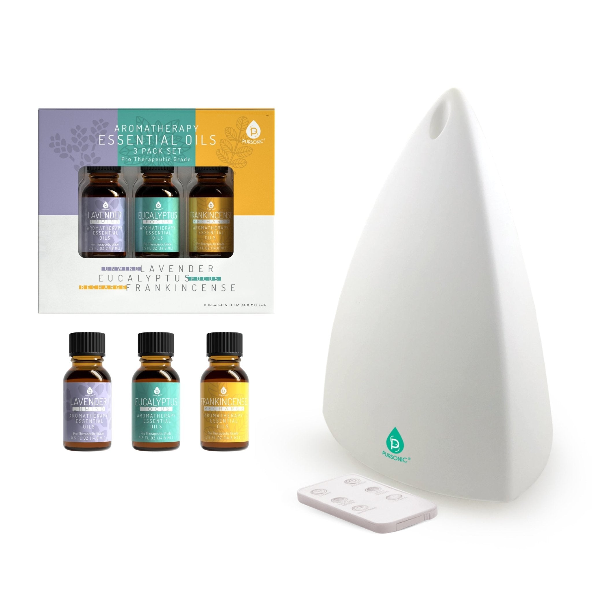 Pursonic Aromatherapy Diffuser & Essential Oil Set - Ultrasonic Top 3 Oils - AuraLabs