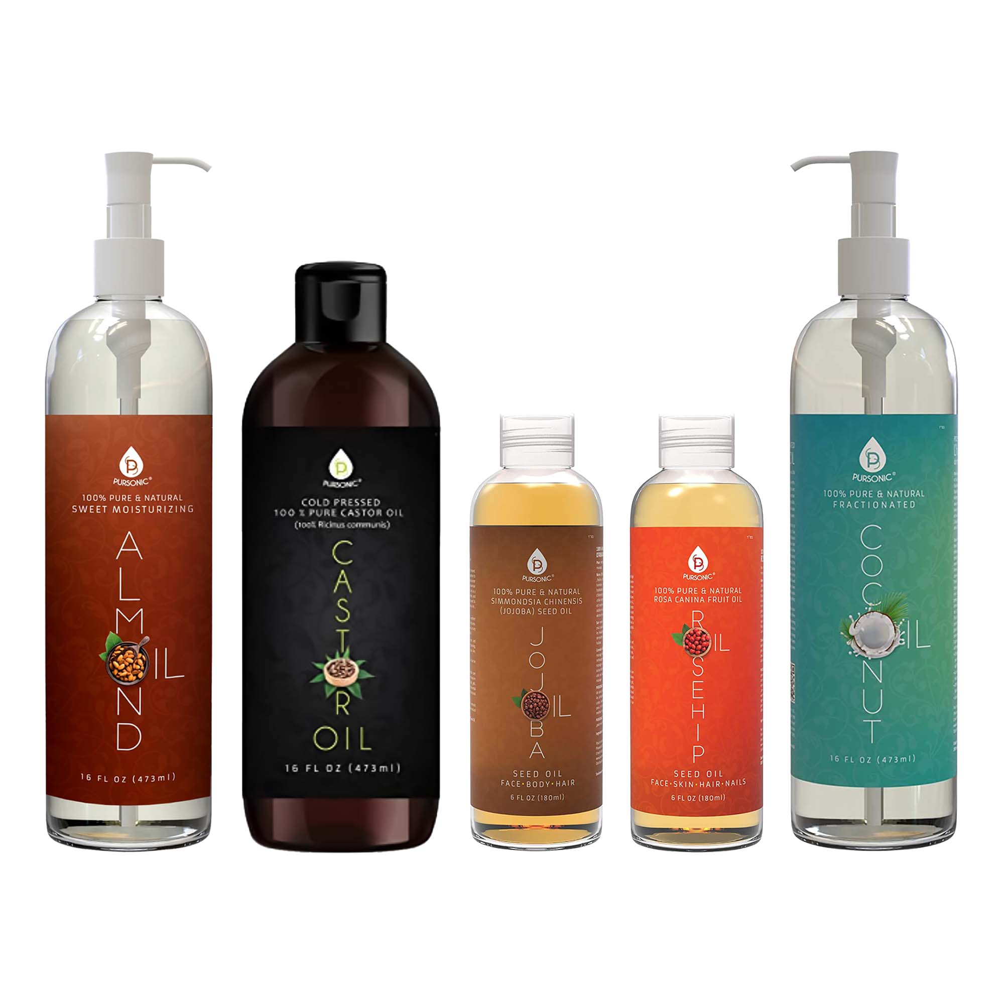 Pursonic Essential Oils & Skin Care Mega Bundle – 100% Pure Golden Jojoba Oil, Rosehip Oil, Sweet Almond Oil, Fractionated Coconut Oil, and Castor Oil - AuraLabs