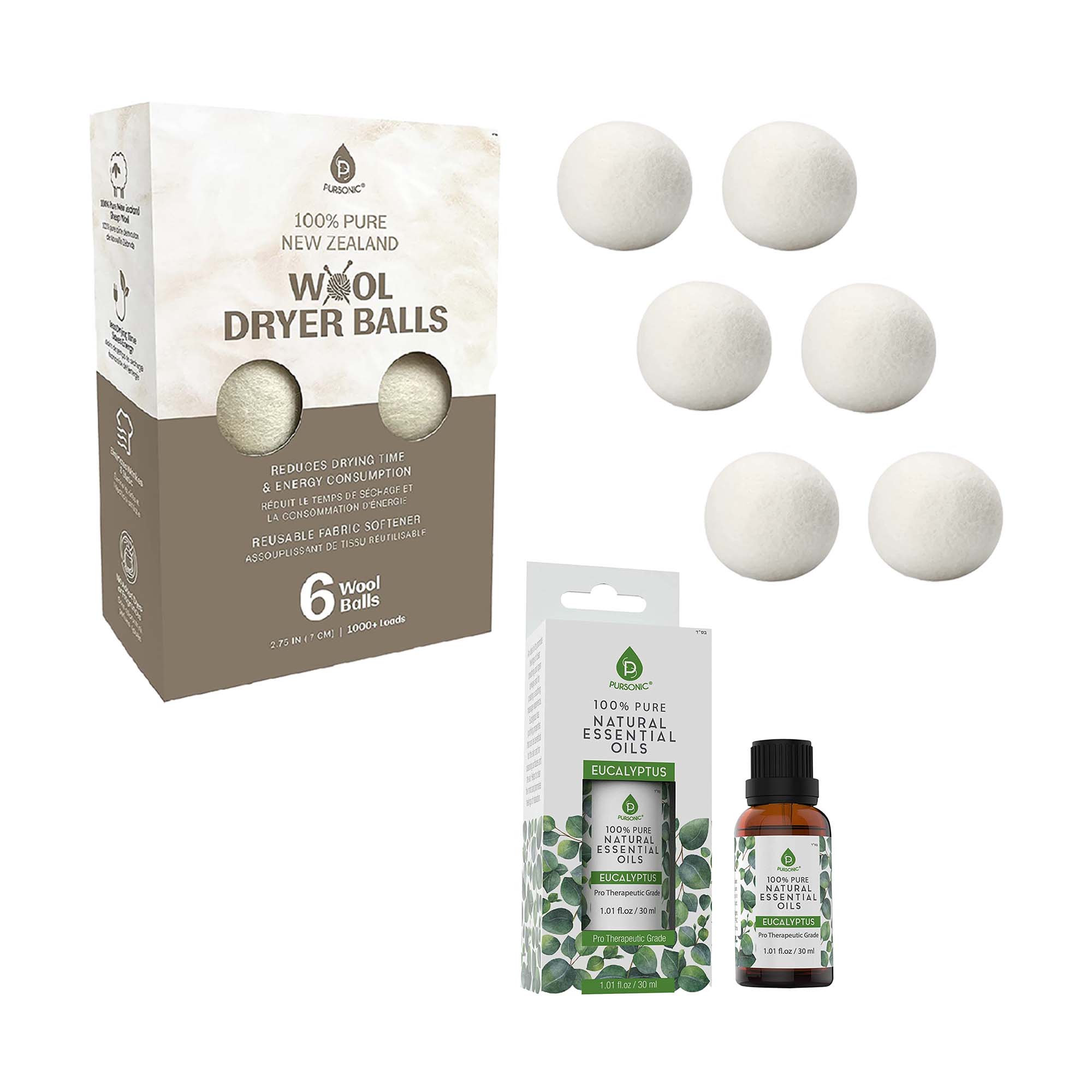 Pursonic Laundry Care Bundle – Wool Dryer Balls & Essential Oil Set - AuraLabs
