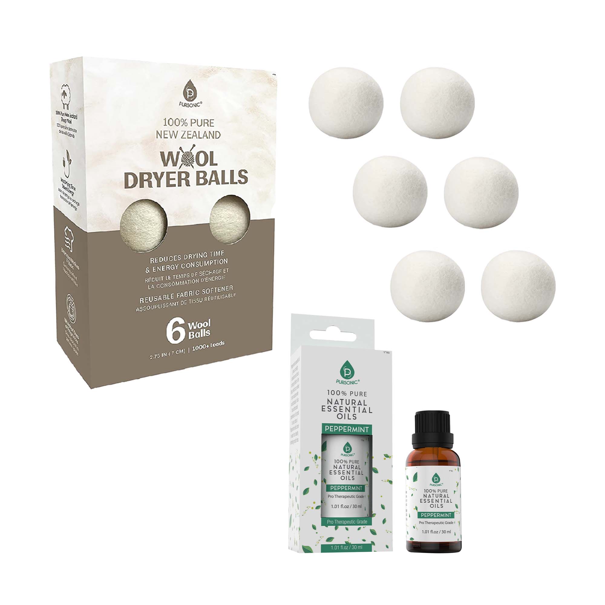 Pursonic Laundry Care Bundle – Wool Dryer Balls & Essential Oil Set - AuraLabs